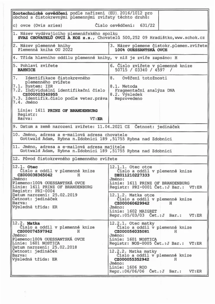 Vzor formuláře zootechnické osvědčení (ZO). / Zootechnical certificate for trade in purebred breeding animals of the bovine, porcine, ovine and caprine species